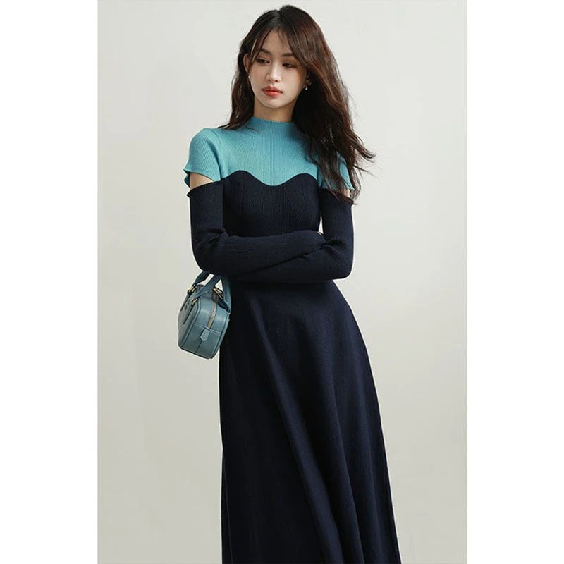 法式拼色半高领连衣裙女装2025春季新款小众别致收腰通勤针织长裙