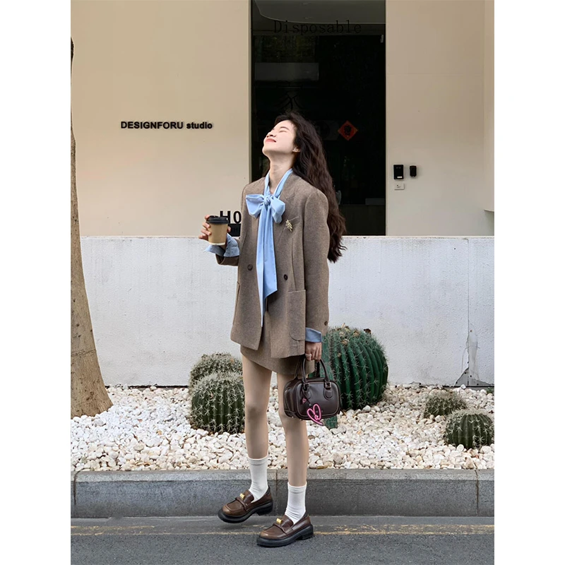 韩系西装外套叠穿衬衫半身裙套装女早春季气质高级感学院风三件套