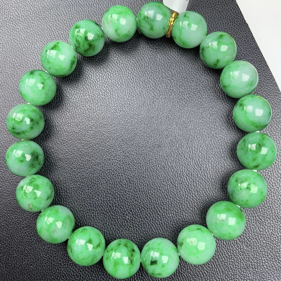 四会 缅甸A货翡翠冰胶满绿底飘阳绿花圆珠手链手串T/9.6mm