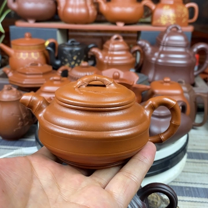 紫砂茶壶双线竹鼓150cc原矿赵庄朱泥特价