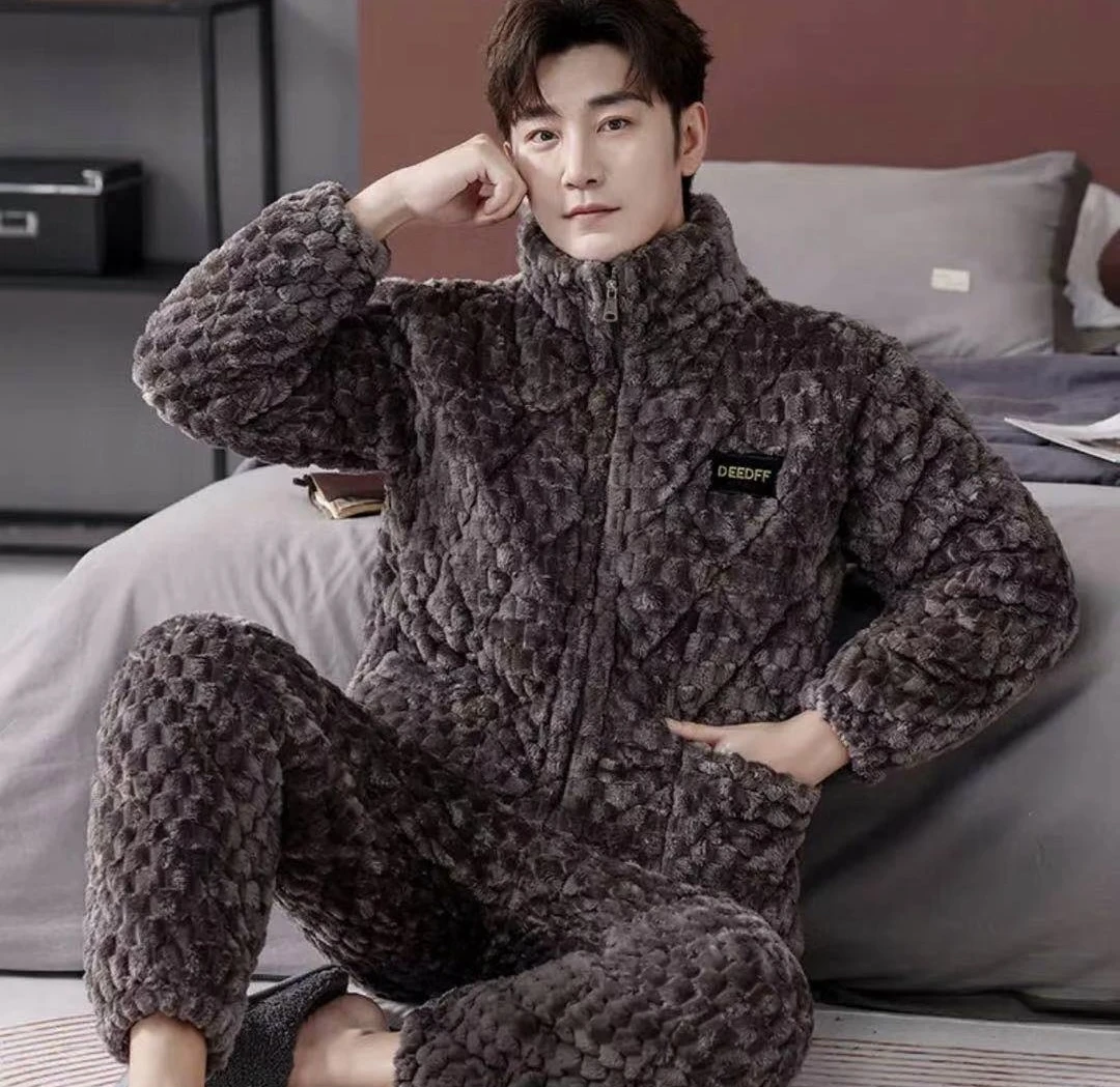 男款冬季厚款保暖不起球睡衣时尚宽松家居服