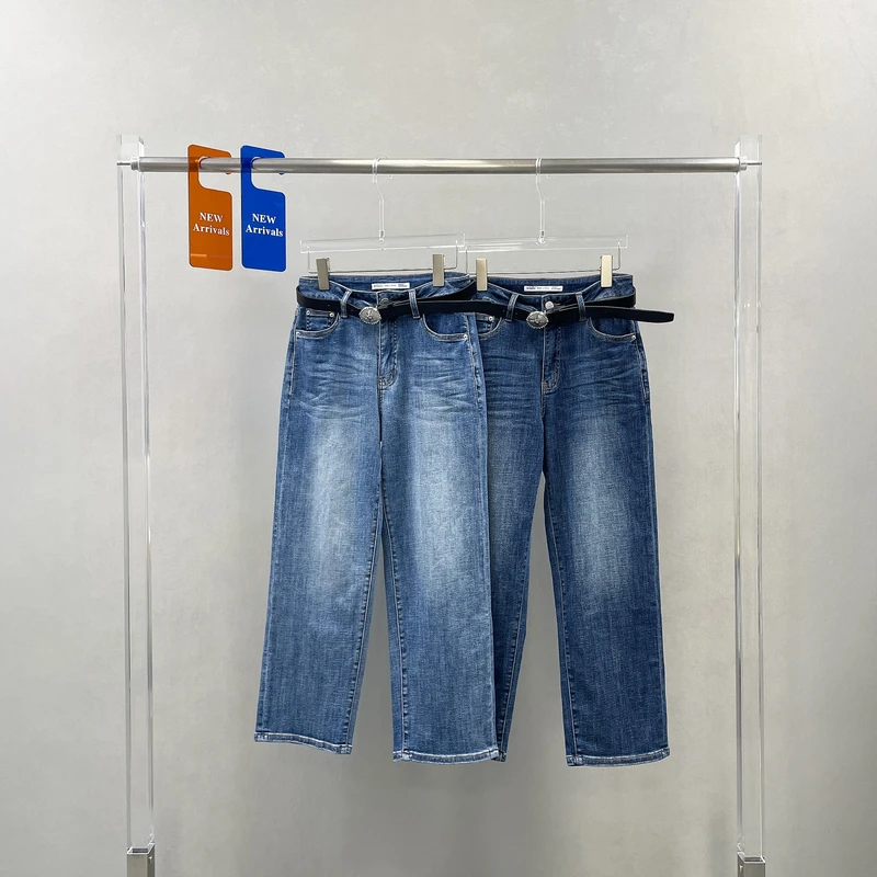 WEISU唯速春夏新款蓝色弹力直筒牛仔裤女高腰显瘦九分烟筒裤52595