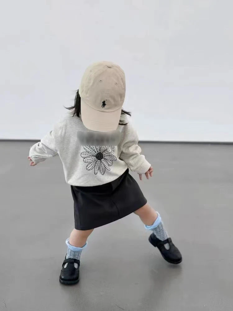 壹妈韩版童装女童秋季时髦休闲套装儿童洋气印花卫衣深灰色半裙潮