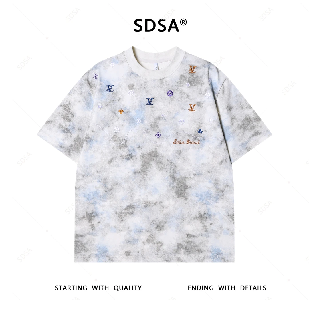 夏季高级感新款男士潮牌扎染撞色刺绣字母圆领短袖T恤宽松上衣