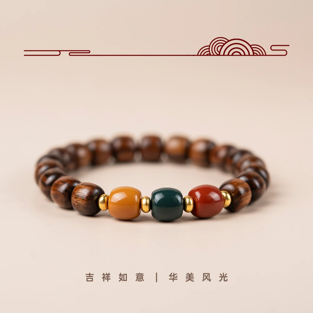 非金属木质手链 木质手串三色红绿灯珠子新中式民族风手串手链