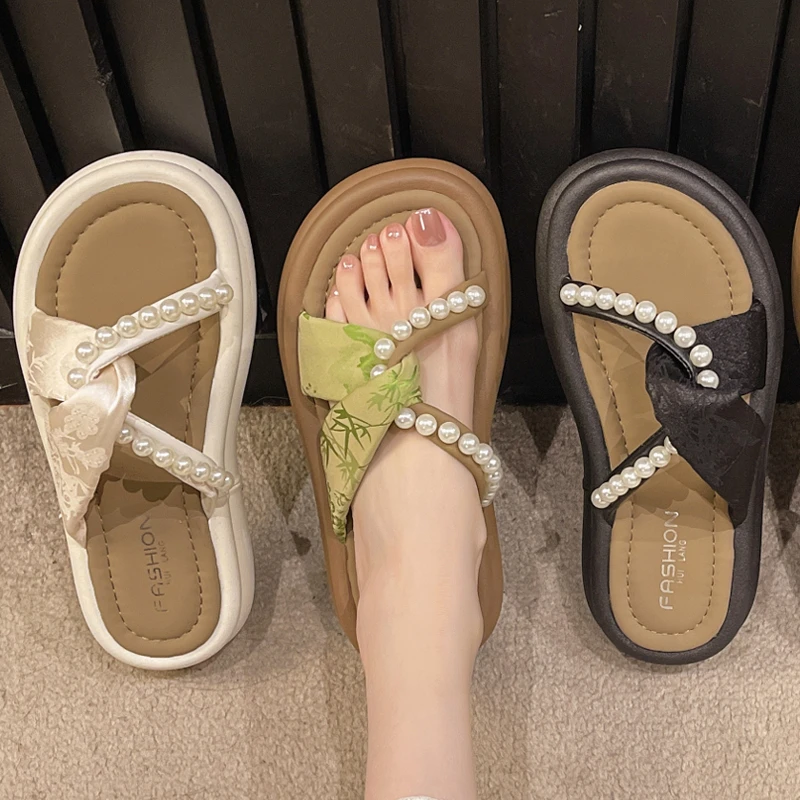 厚底凉拖女外穿夏季新款仙女风中跟复古珍珠带松糕一字女士凉拖鞋