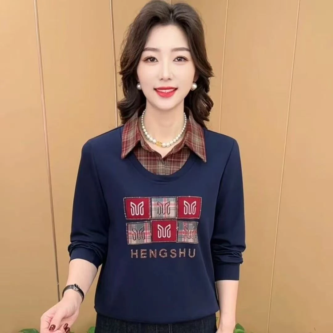 秋季新款时尚翻领烫钻假两件洋气妈妈装休闲百搭长袖上衣K5521