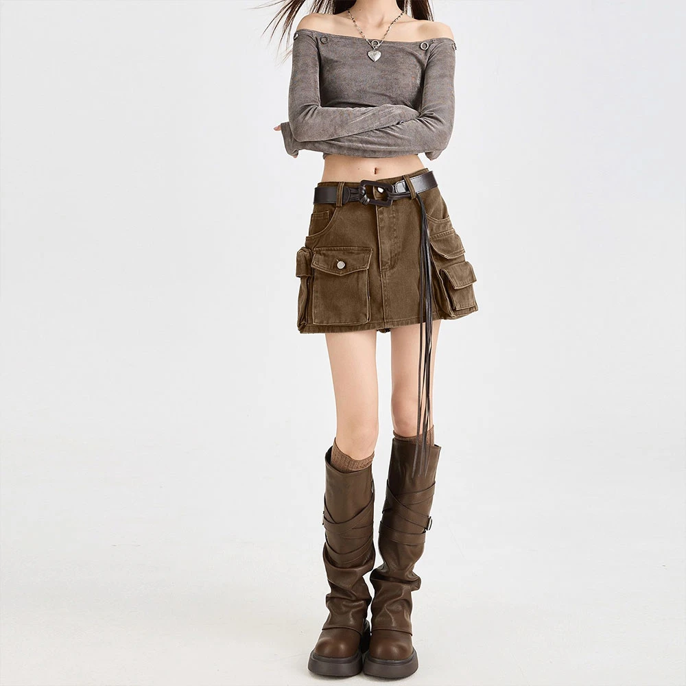 咖色多口袋工装牛仔半身裙女秋季新款防走光高腰显瘦a字包臀短裙
