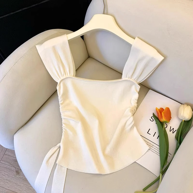 法式复古宽肩针织吊带背心女夏外穿小个子收腰辣妹绑带无袖小上衣