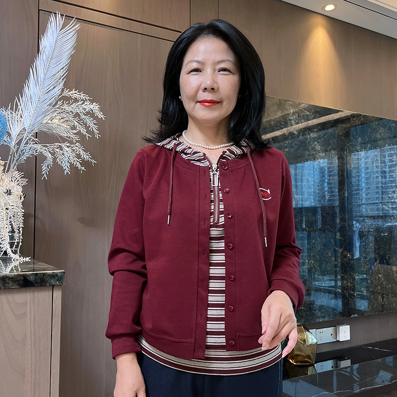 2025秋季新款连帽假俩件套时尚妈妈外套上衣6912