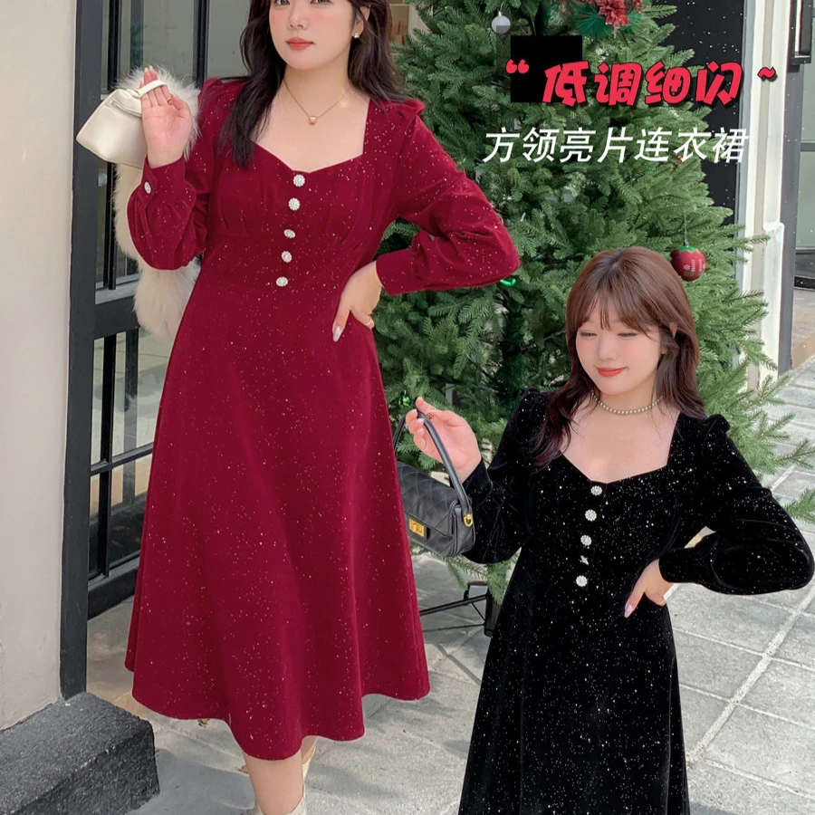大码胖MM氛围感亮闪闪红色订婚结婚回门连衣裙