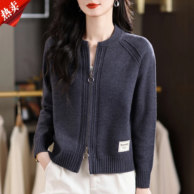 【原版正品】羊毛衫女秋季新款开衫女长袖圆领针织上衣宽松毛衣外套