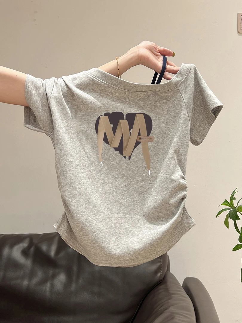 韩版T恤女士露肩短袖肩带撞色褶皱收腰夏季设计感斜肩不规则上衣