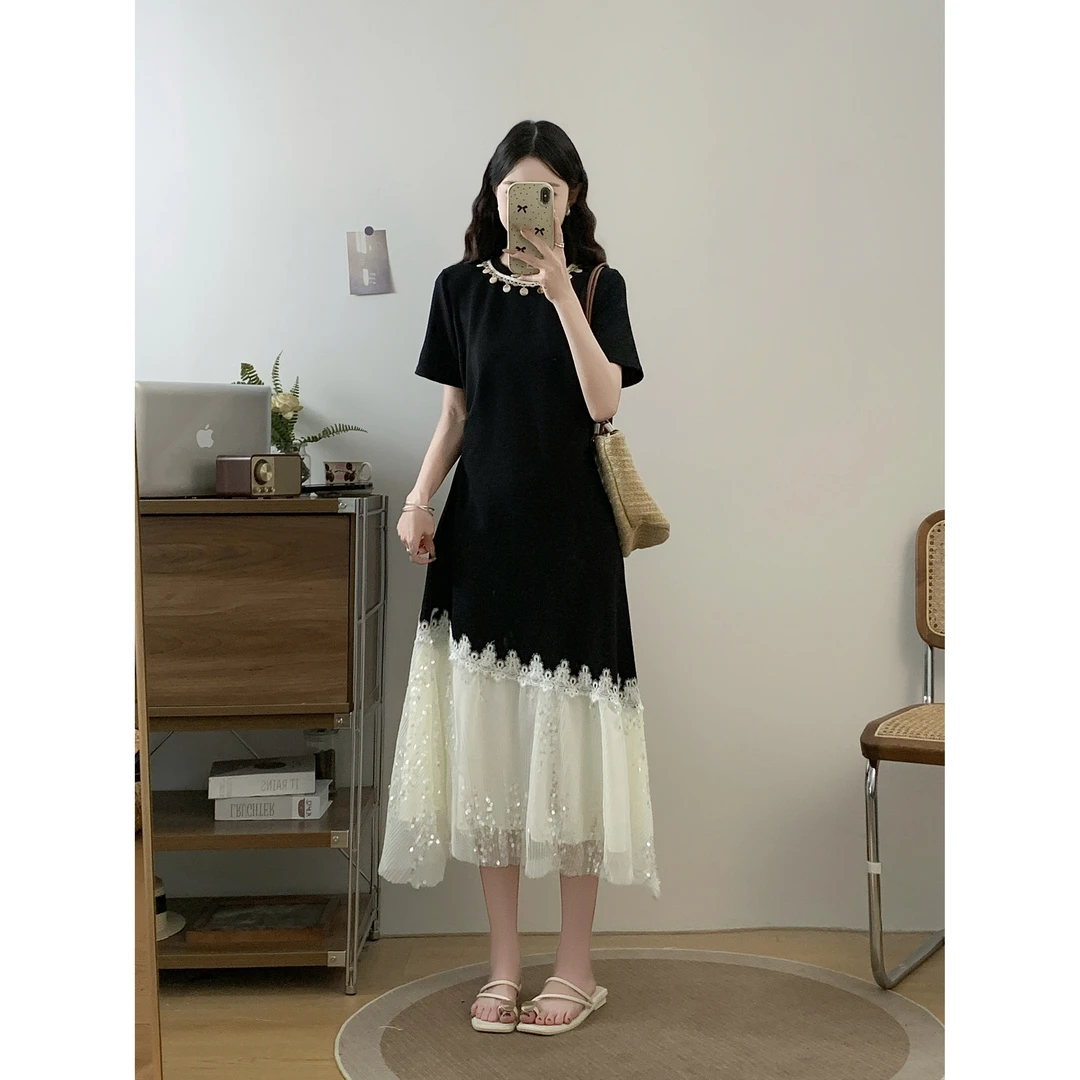 大码法式轻奢遮肉亮片网纱连衣裙胖mm夏季撞色显瘦减龄时尚中长裙