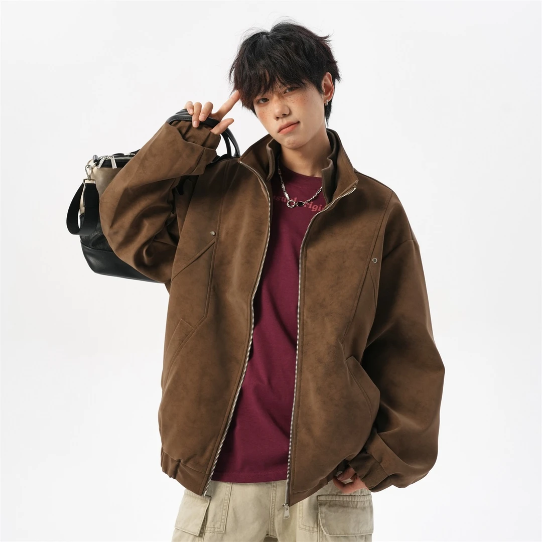 美式复古夹克外套男款春秋季新款宽松休闲百搭外套双领皮夹克潮牌