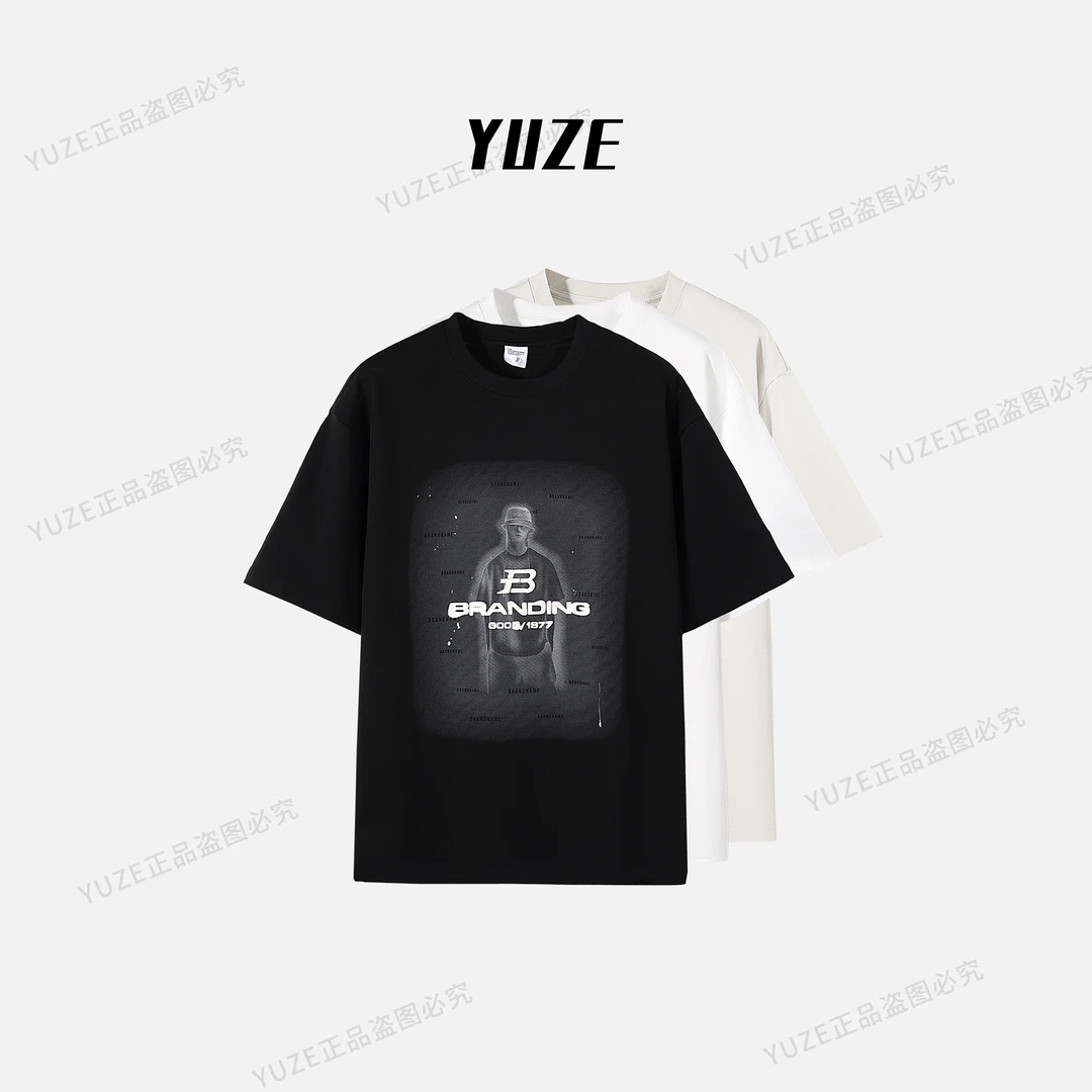 HAOZI美式潮牌创意复古渐变人物印花短袖双面液氨宽松K8057