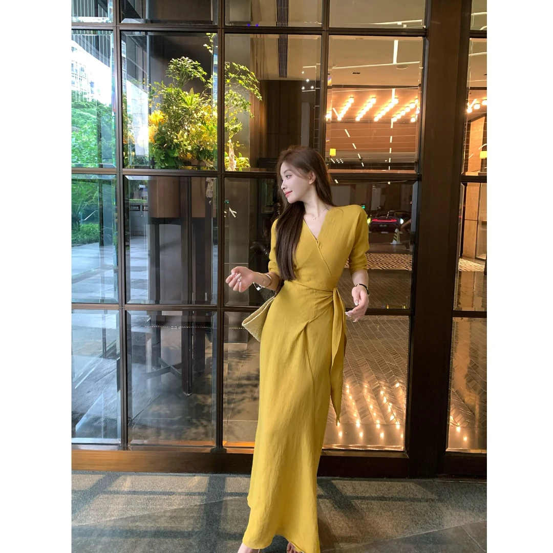 SZA【泛泛月眠】夏季新款高级感气质时尚绑带收腰连衣裙A-2011