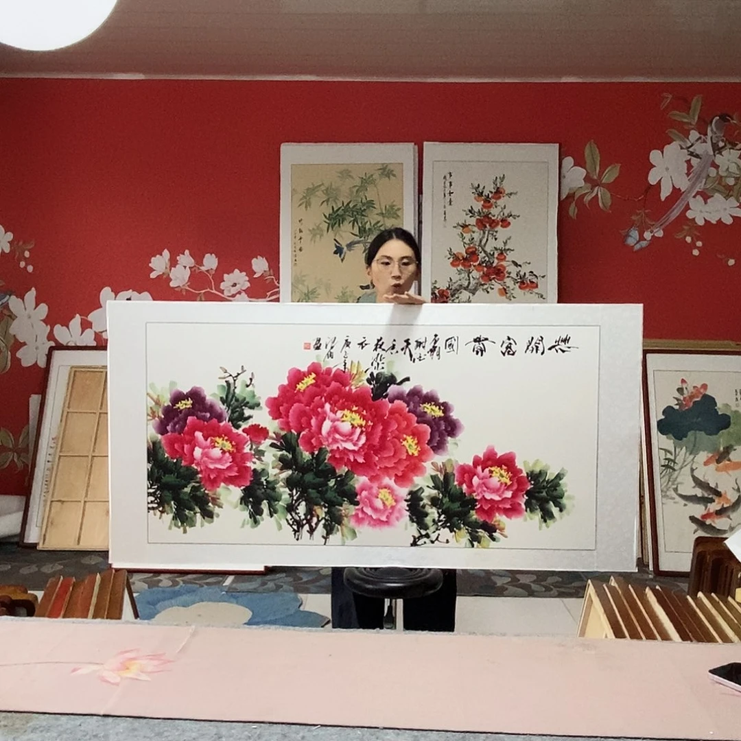 国画手写手绘国画作品带框包邮82✖️162