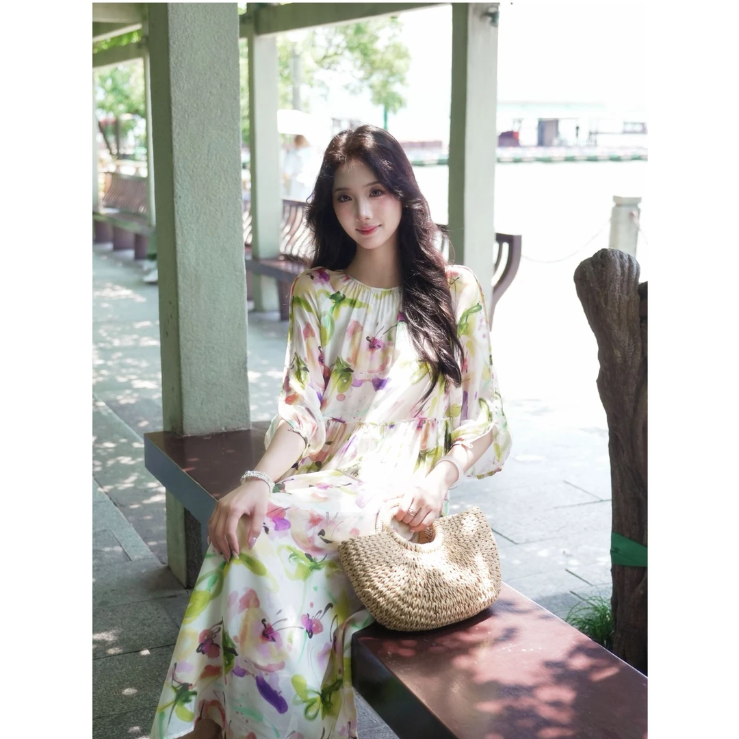 GIRDEAR/哥弟缤纷连衣裙 新款水墨画小众洋气时尚夏裙子1500457