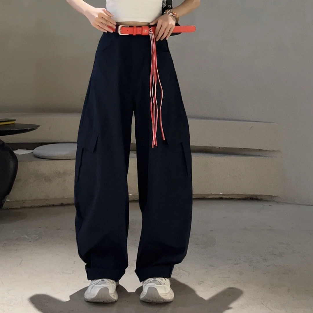 （版衣-清版）夏季显瘦高腰休闲宽松百搭藏蓝色阔腿工装裤女款