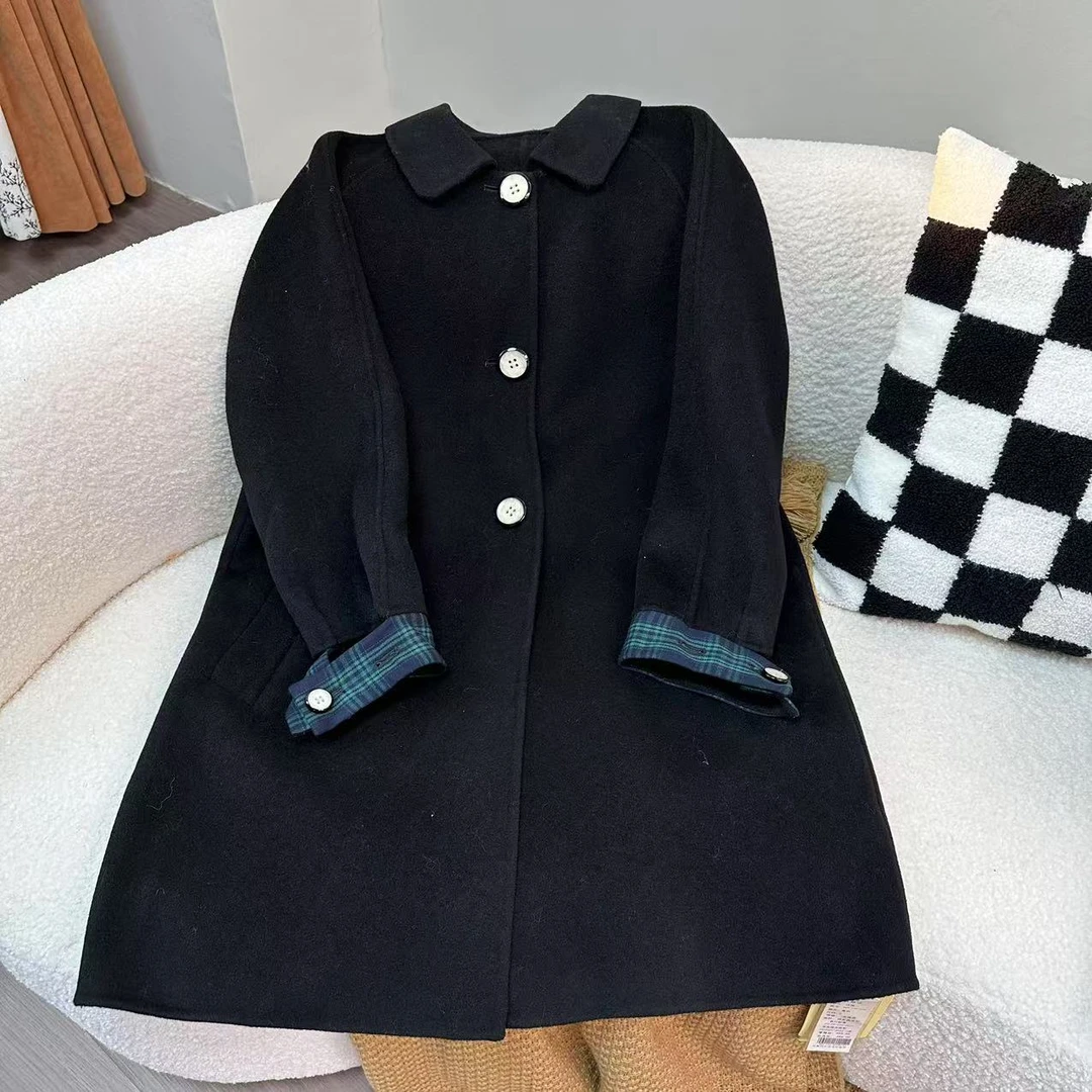 F35  休闲宽松双面毛呢小个子减龄大衣袖口拼格子中长款D102