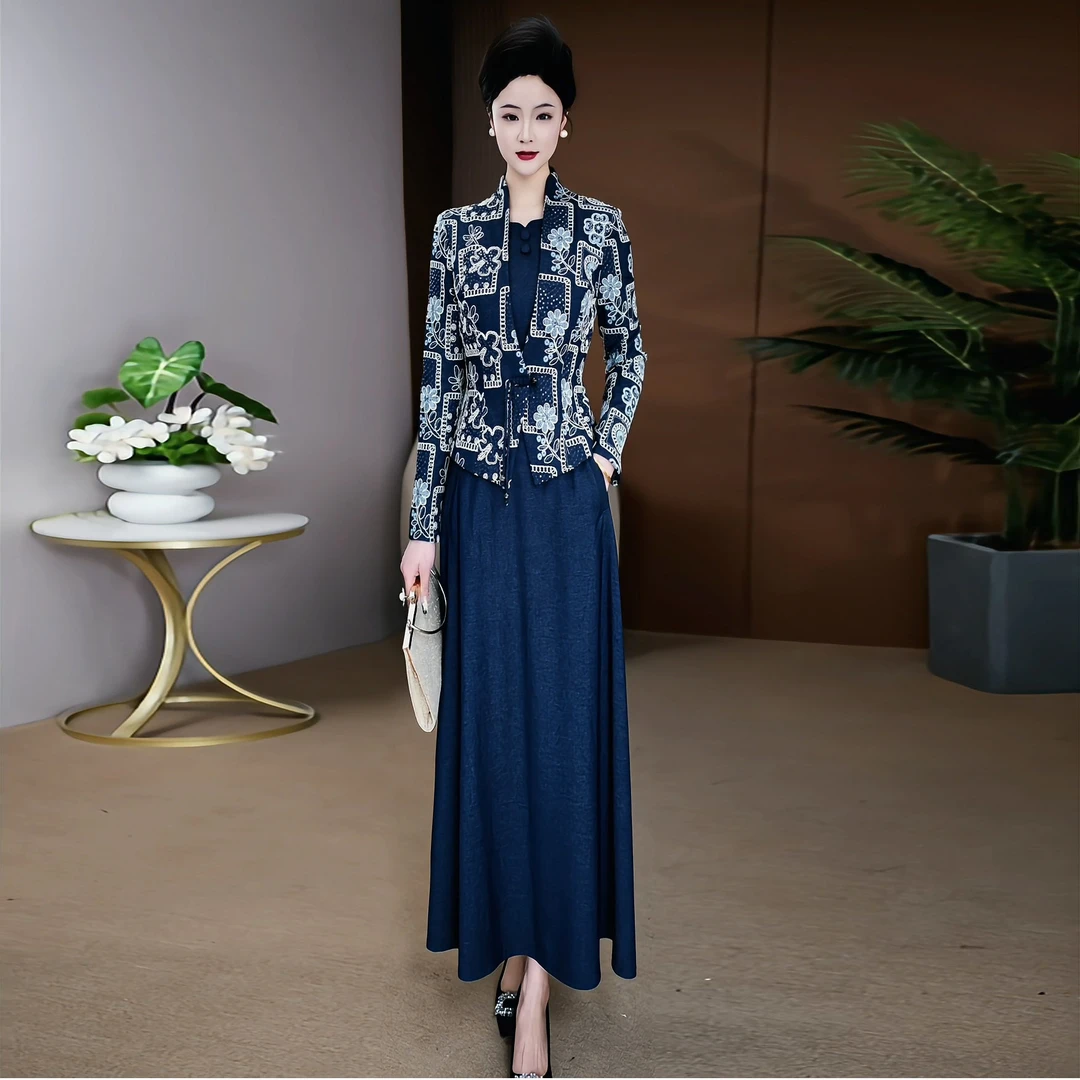 端庄大气立体绣花连衣裙2025春季新款收腰显瘦时尚仿牛仔长裙 013