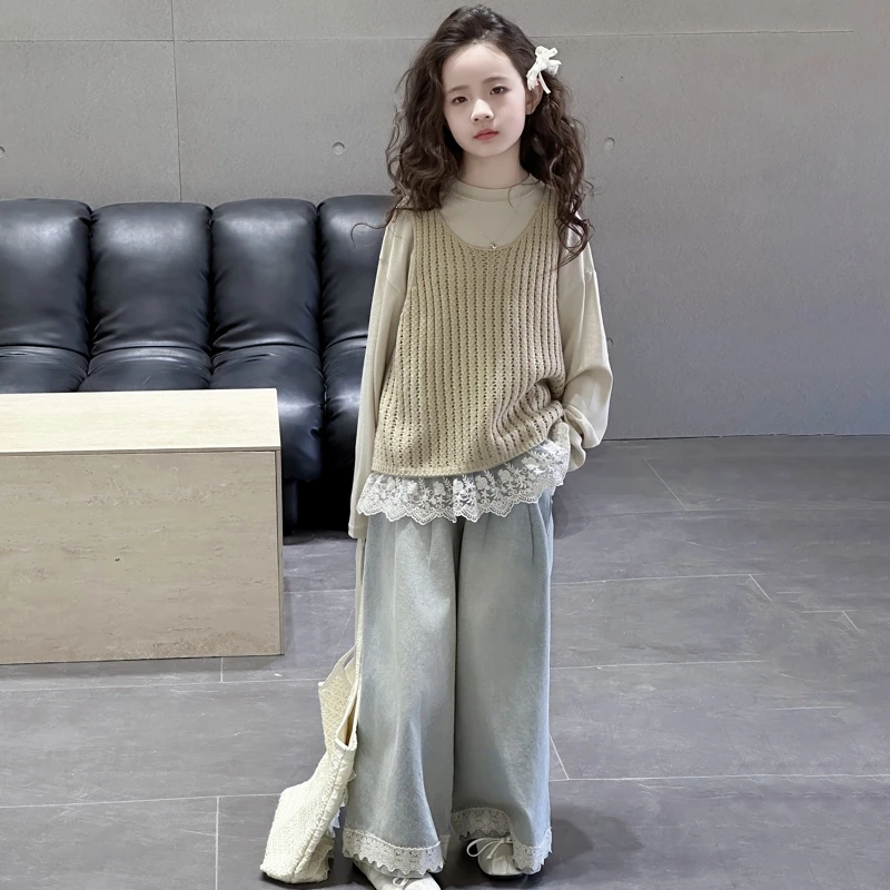 女童春装套装2025新款儿童春秋款洋气网红背心马甲打底衫三件套潮