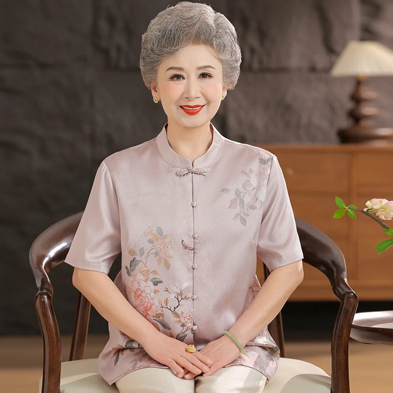 妈妈装夏季桑蚕丝衬衫中老年女装奶奶夏装衣服真丝高品质上衣国风