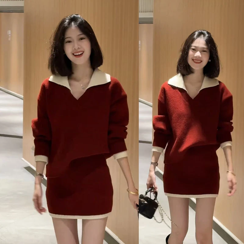 秋冬超火穿搭一整套女2025新款洋气翻领针织上衣百搭半身裙两件套