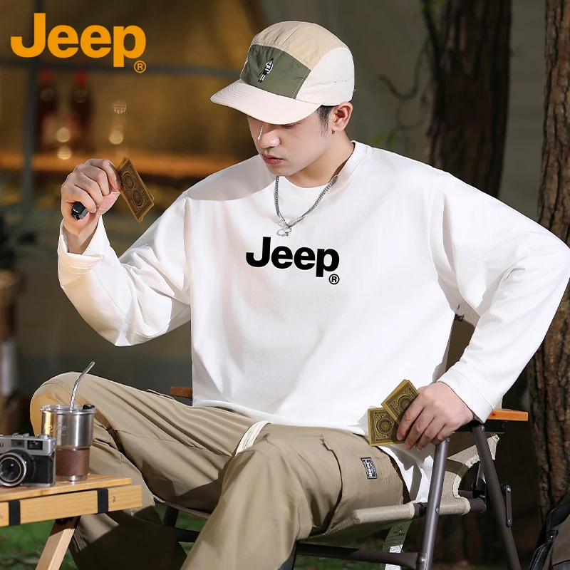 JEEP/吉普秋季长袖T恤男士春秋款圆领纯棉套头上衣青少年体恤卫衣