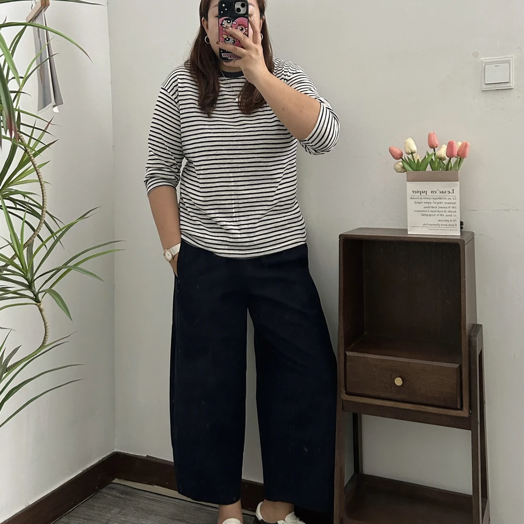 韩系撞色超百搭条纹长袖T恤大码微胖百搭