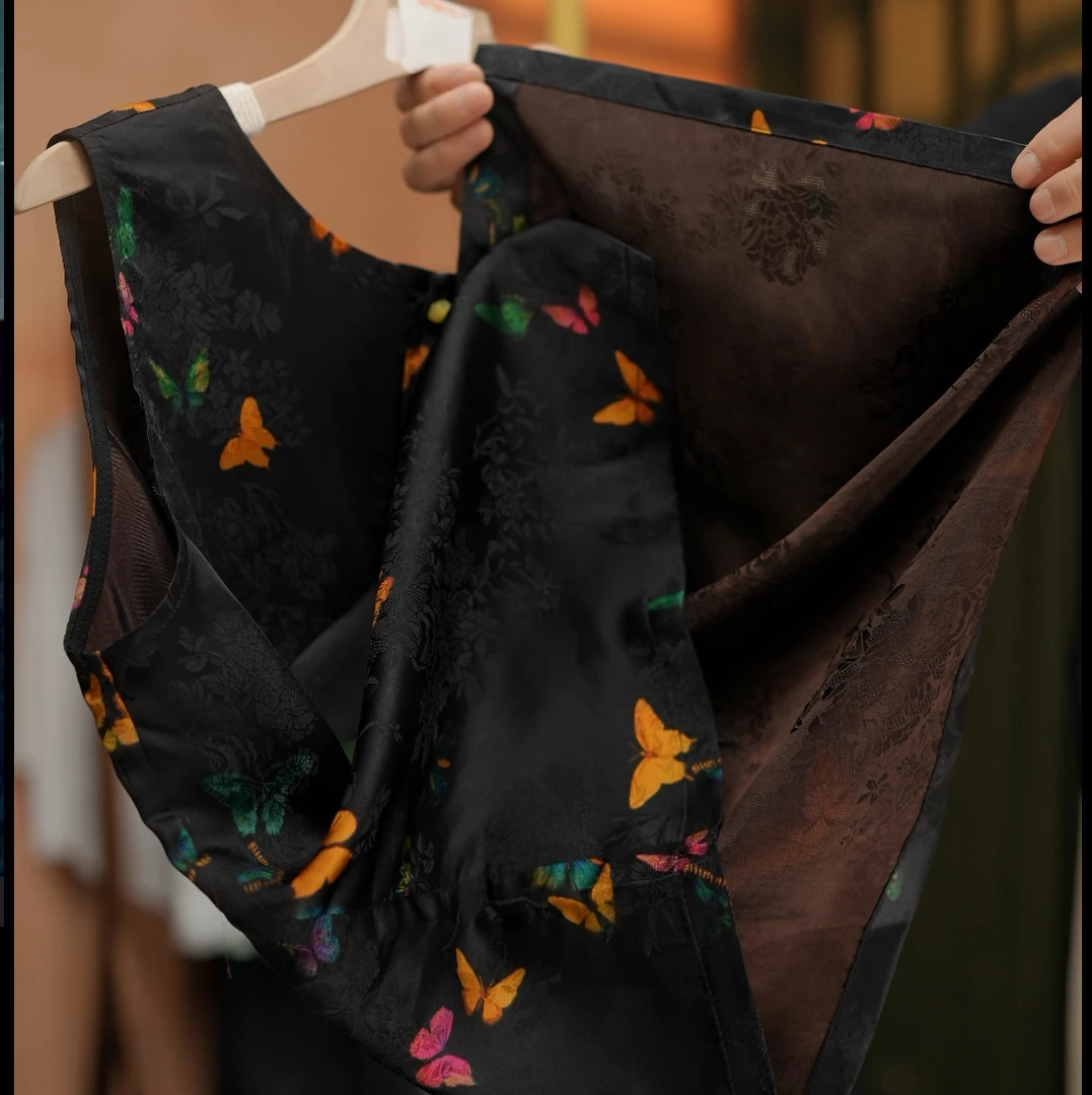 {彩蝶}中式无袖上衣女时尚复古背心提花唐装夏季国风百搭无袖开衫