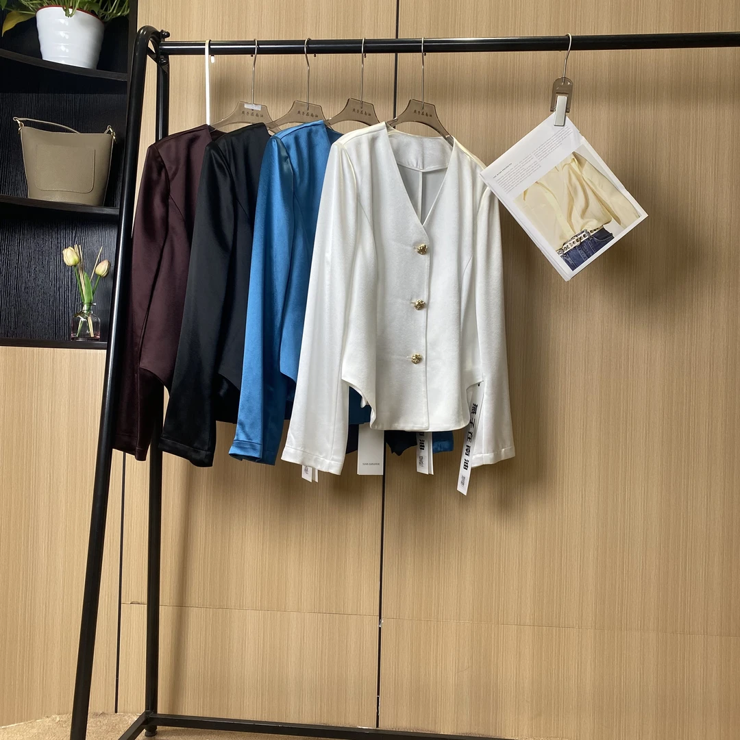 【赫本】衣长60春夏季新款百搭醋酸V领圆弧下摆西装外套2736