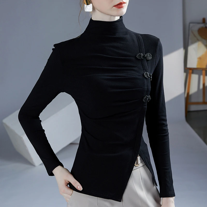 秋冬新款复古盘扣长袖小衫气质褶皱内搭洋气打底衫外穿女士上衣潮