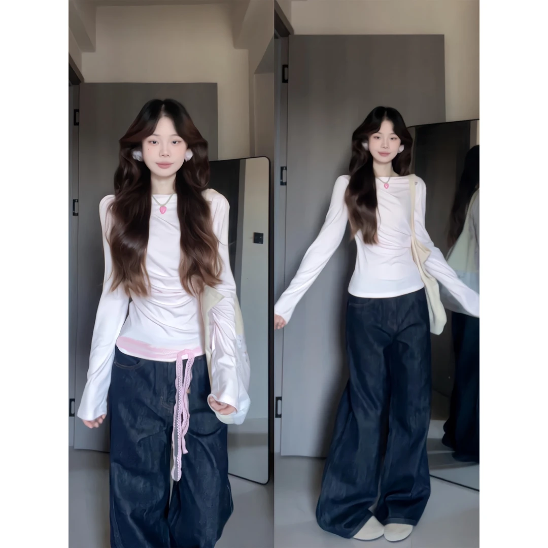 韩系穿搭一整套早秋新款粉色长袖T恤上衣直筒宽松垂感牛仔阔腿裤