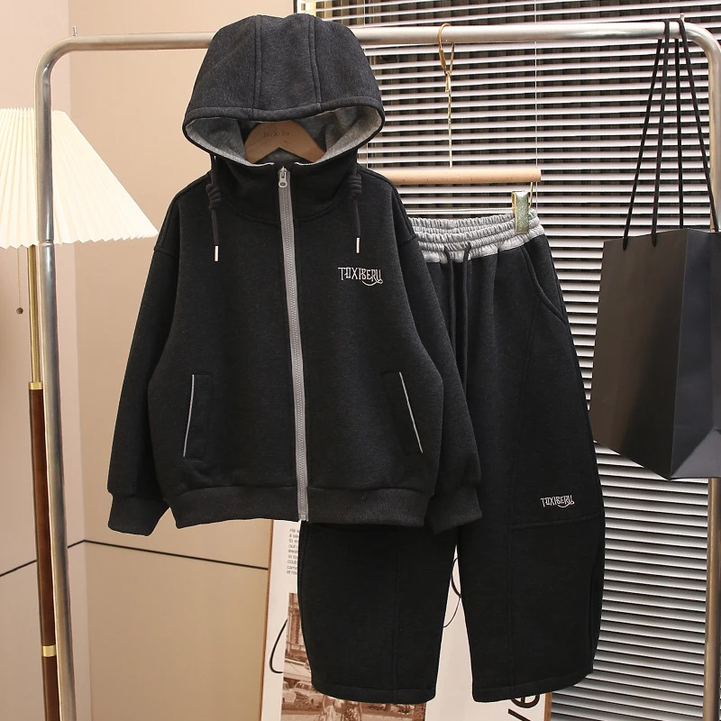男童加绒套装新款中大童男孩连帽运动秋冬季潮酷加厚保暖两件