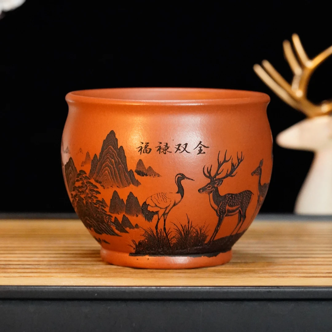 GS15-018  宜兴手工紫砂   清水泥刻绘主人杯