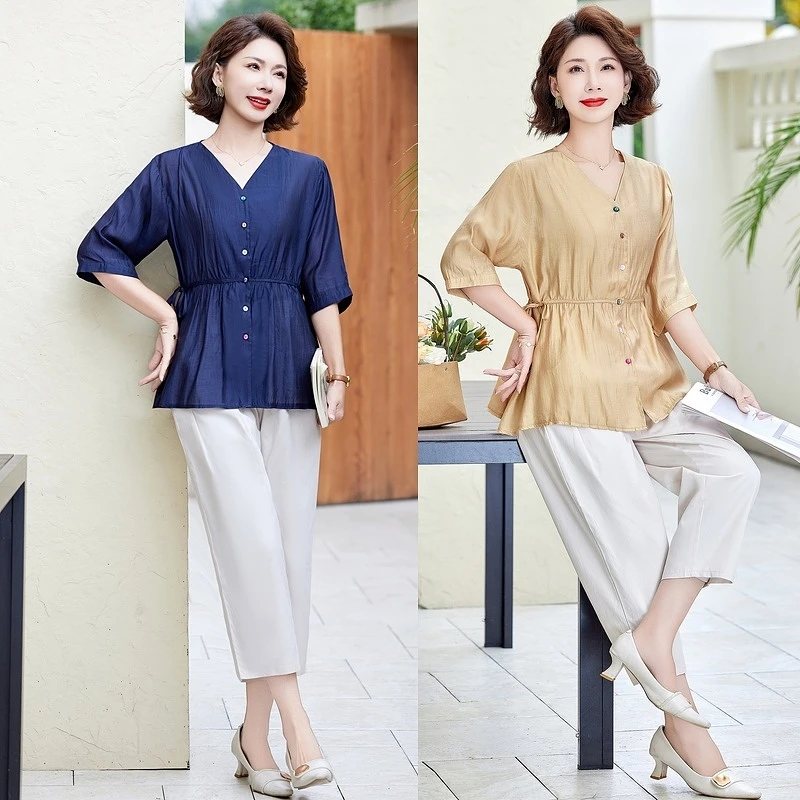 2025新款中老年女装春装七分袖上衣妈妈装洋气翻领T恤小衫两件套