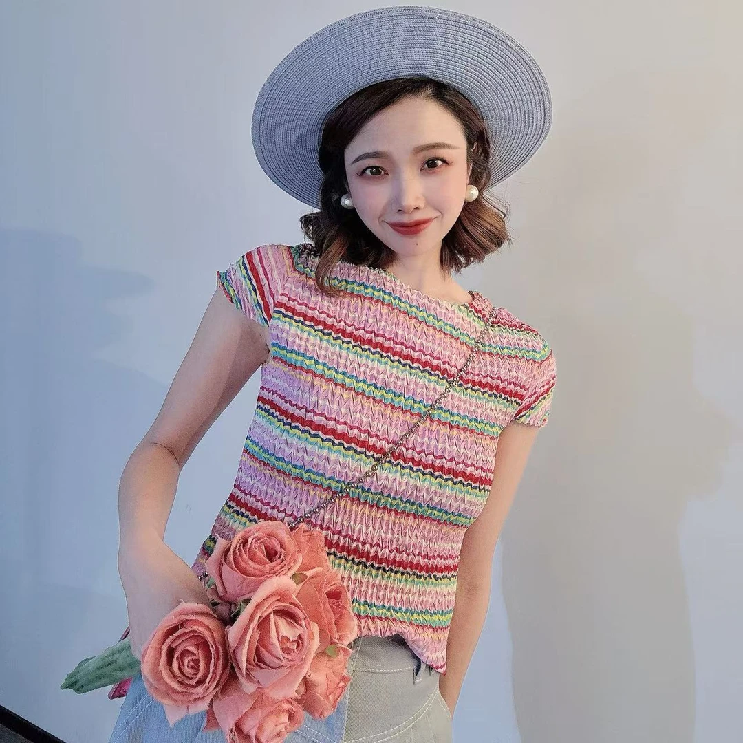 GIRDEAR/哥弟精品时髦复古蘑菇褶短袖百搭显瘦纱T1300706