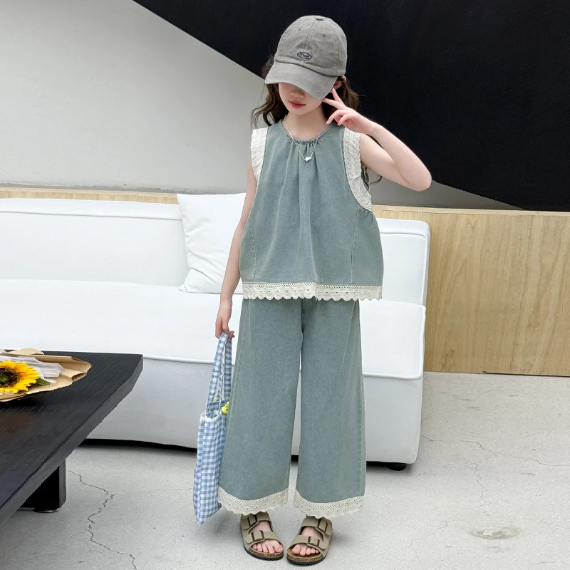 女童夏季牛仔背心套装阔腿裤2025新款女孩无袖两件套童装薄款洋气