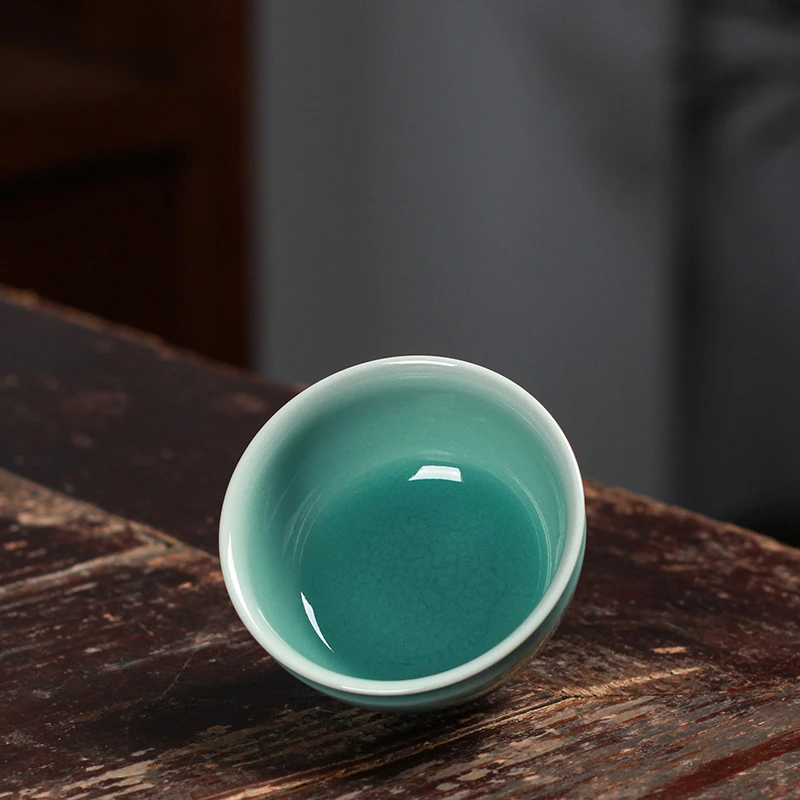 龙泉窑周昌振青瓷束口杯双釉重工跳刀品茗杯纯手工功夫茶具主人杯