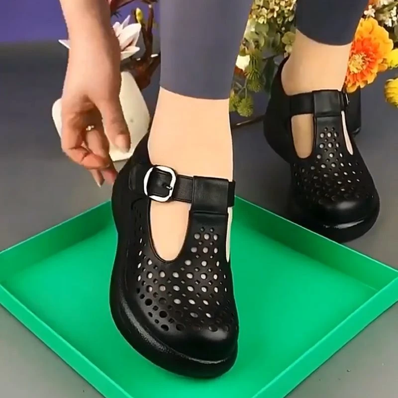 舒适低帮低跟女夏圆头镂空洞洞鞋单鞋休闲软底厚底坡跟