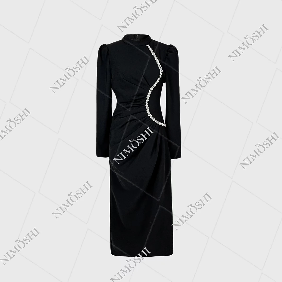 NIMðSHI【莎莎】法式收腰褶皱重工钉钻黑色显瘦长裙小黑裙Q1104