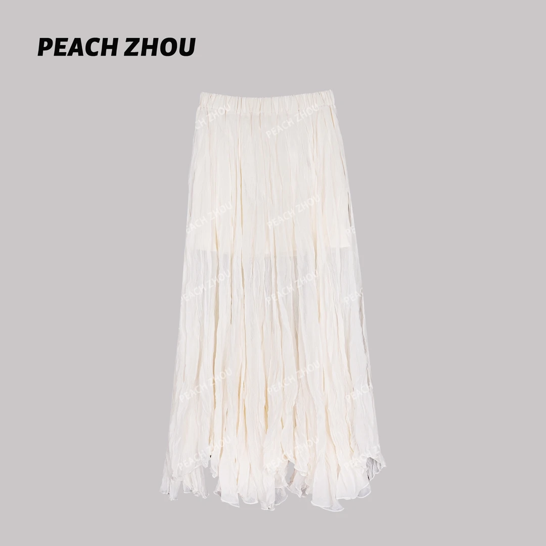 『PEACHZHOU』法式温柔褶皱宽松半身裙甜美休闲气质纯欲纱裙