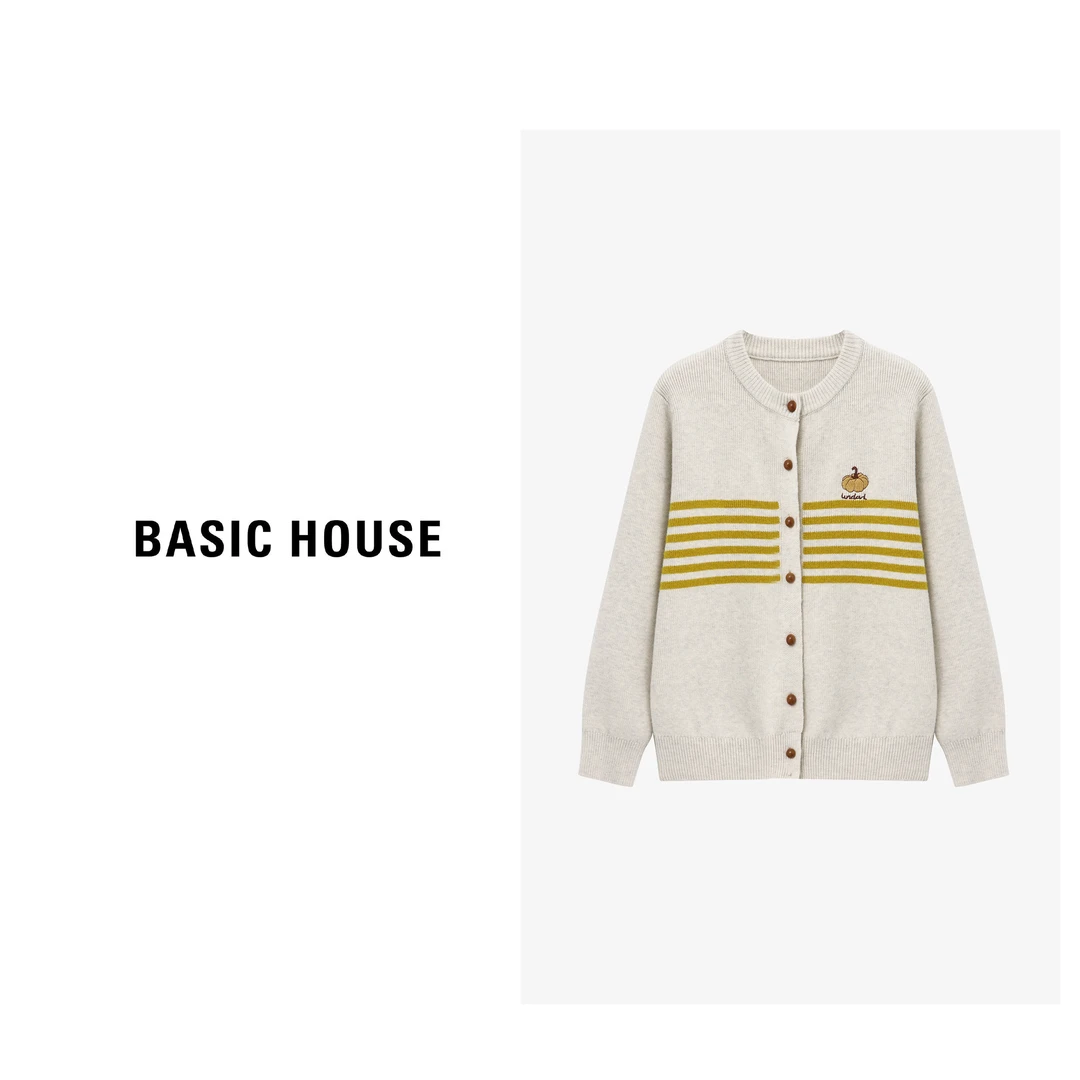 Basic House/百家好秋冬新款刺绣小南瓜撞色条纹毛衣-B0625B5OAA2