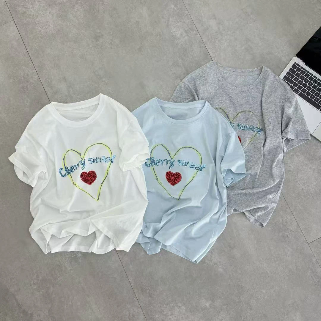 【锦衣服饰】KDM 8520韩系百搭印花亮片字母爱心圆领短袖T