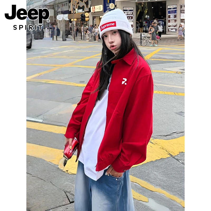 吉普时尚国潮立领长袖女刺绣户外夹克翻领撞色拉链常规款休闲外套