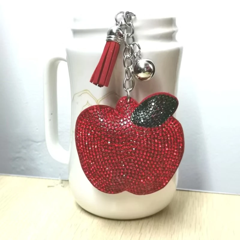 跨境热卖流苏镶钻苹果女士包包挂件时尚韩国绒烫钻双色钻钥匙扣