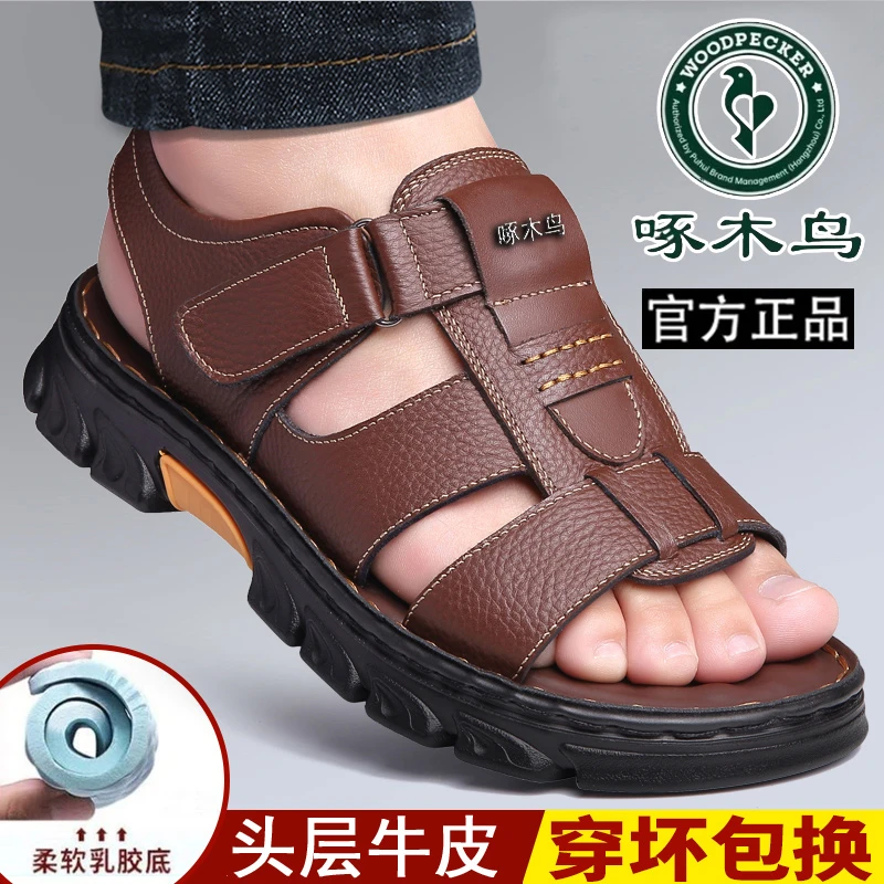 啄木鸟凉鞋男2024新款夏季真皮软底驾车沙滩鞋户外休闲防滑拖鞋男
