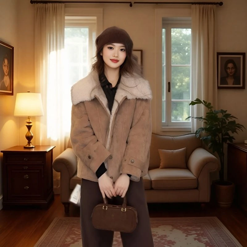 短款焦糖色领气质短外套秋冬皮毛一体加厚翻领冬季百搭保暖女装